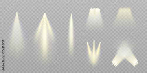 Collection of lighting for stage and presentations, transparent effects. Bright lighting with spotlights. Vector