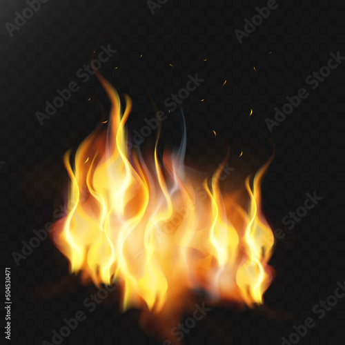 Realistic tongues of fire with horizontal repetition on a dark translucent background. Vector flame 
