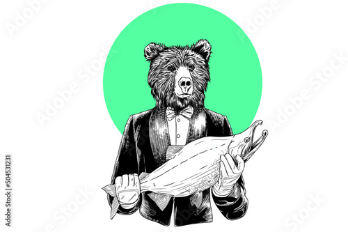 bear catching salmon illustration design