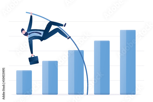 Confident businessman jumping pole vault over growth bar graph. Business growth, improvement or high percentage increase of earning and profit. Making money. Financial achievement.