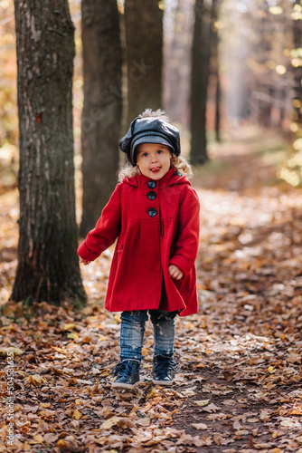 Little girl in a red coat walk in autumn forest