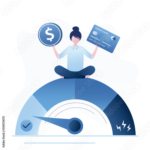 Credit gauge at good rating. Woman customer hold dollar coin and plastic card. Reliable borrower. Good credit score for credit cards. Girl with excellent personal financial plan.