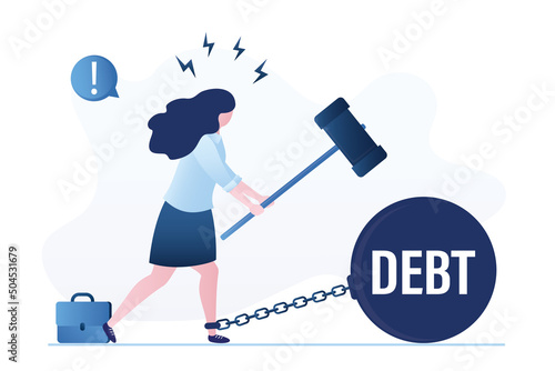 Confident businesswoman smashes burden of debt and bankruptcy using hammer. Successful female entrepreneur starts making a profit. Financial independence concept. Lack of debts, taxes.