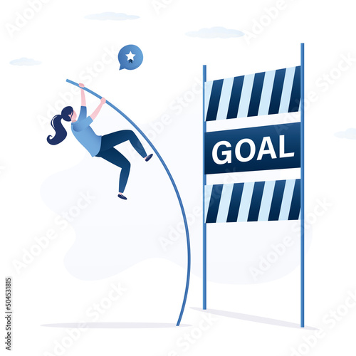 Confident businesswoman doing pole vaulting cross over crisis valley. Entrepreneur jumping over the barrier with pole. Way forward overcoming obstacles concept. Achieving success.