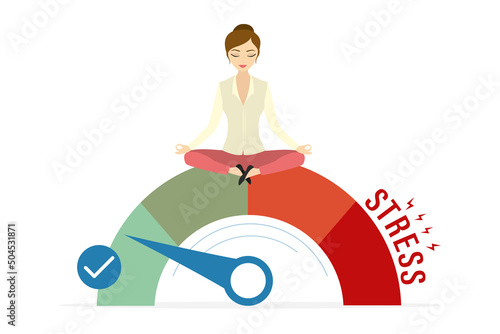 Stress test, female employee is not subject to psychological pressure, woman clerk is calm and mentally healthy. Businesswoman sitting in lotus yoga pose on measuring scale.