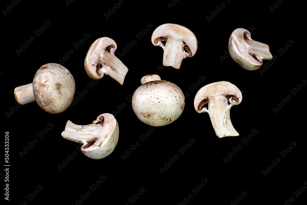 Champignon mushrooms,Mushroom pieces,Close-up Champignon mushrooms,Mushroom pieces,Close-up
