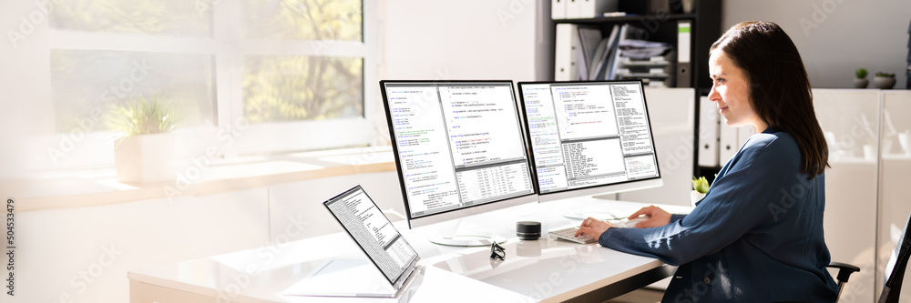 Programmer Woman Coding On Computer Programmer Woman Coding On Computer