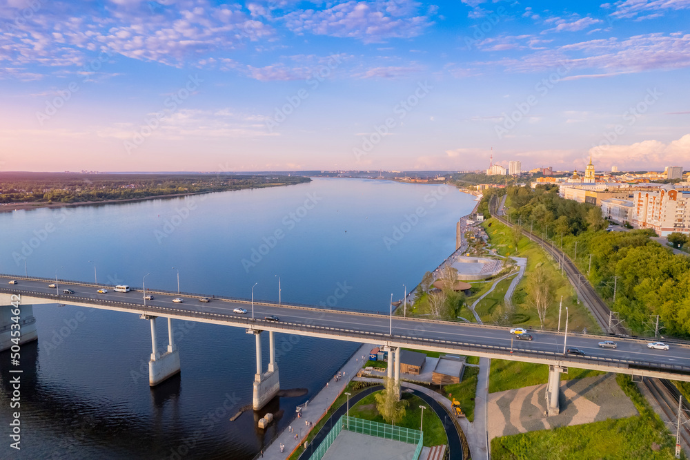 Aerial top view panorama city Perm and Kama river Russia, sunset drone photo Aerial top view panorama city Perm and Kama river Russia, sunset drone photo