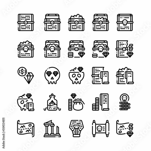Set of treasure, treasure trove outline style icon and illustration