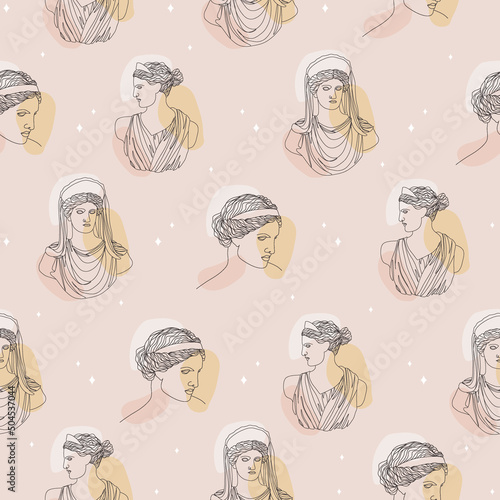 Seamless pattern with ancient greek sculptures. Linear goddesses antique statues. Trendy vector illustration in one line drawing style.