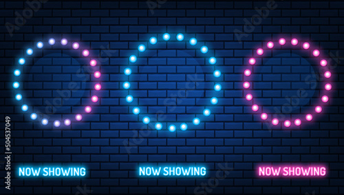 Neon Cinema mockup sign. glowing color neon dot. shining led or halogen lamps frame banners. on brick wall vector set.