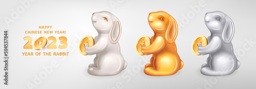 Set of three figurines of cute Rabbits different colors. White ceramic, silver and golden metal. Rabbit is a symbol of the 2023 Chinese New Year. Vector illustration decorative zodiac sign of rabbit