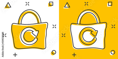 Eco bag icon in comic style. Ecobag cartoon vector illustration on white isolated background. Reusable shopper splash effect sign business concept.