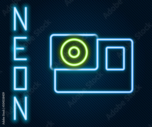 Glowing neon line Action extreme camera icon isolated on black background. Video camera equipment for filming extreme sports. Colorful outline concept. Vector