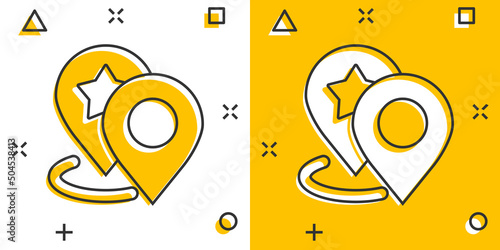 Map pin icon in comic style. GPS navigation cartoon vector illustration on white isolated background. Locate position splash effect business concept.