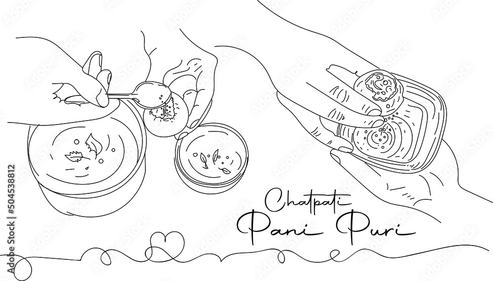 Pani Puri Logo, Indian Food Sketch illustration, Indian Street Food vector, Outline sketch drawing hand holding Pani Puri - obrazy, fototapety, plakaty 