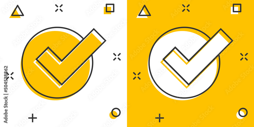 Check mark sign icon in comic style. Confirm button cartoon vector ...