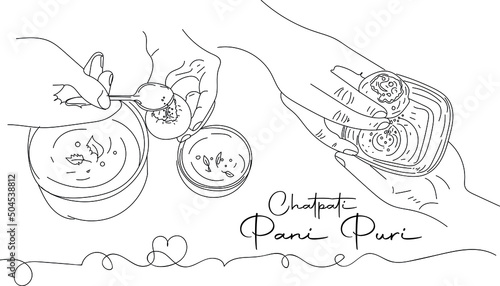 Pani Puri Logo, Indian Food Sketch illustration, Indian Street Food vector, Outline sketch drawing hand holding Pani Puri