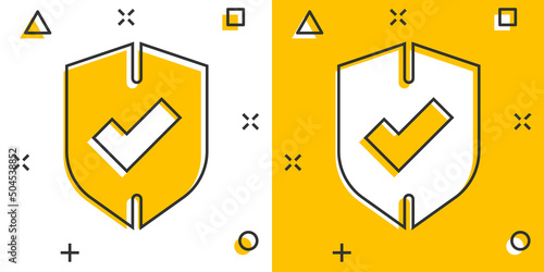 Shield with check mark icon in comic style. Protect cartoon vector illustration on white isolated background. Checkmark guard splash effect business concept.