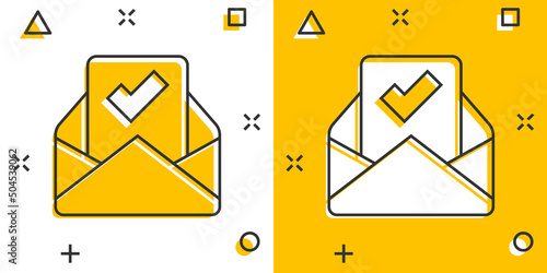 Envelope with confirmed document icon in comic style. Verify cartoon vector illustration on white isolated background. Receive splash effect business concept.
