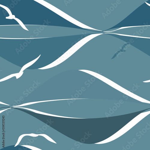 Vector seamless pattern in modern style with waves and seagulls