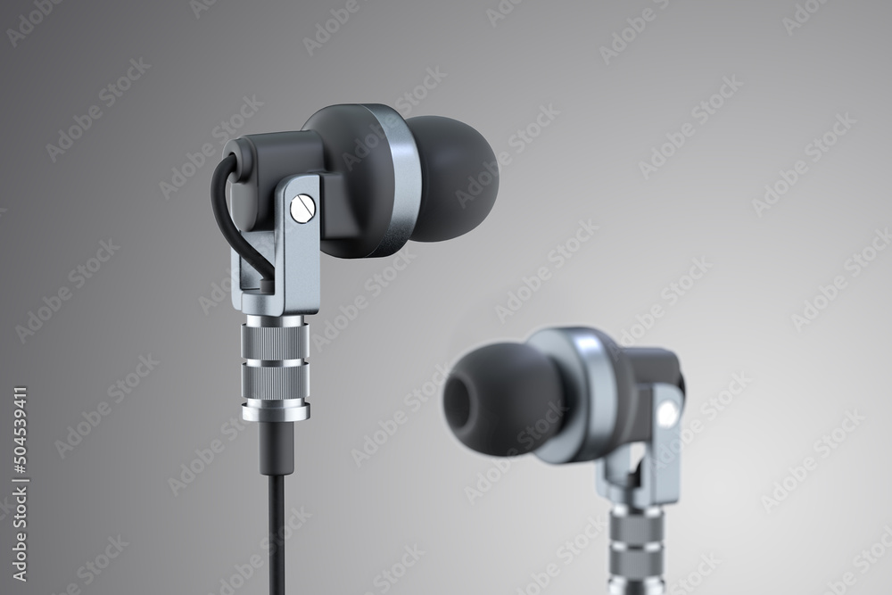 concept electronic product design of in ear headphones for musicians in beautiful clean plastic and leather black material with dramatic lighting in bright studio - realistic 3d render concept electronic product design of in ear headphones for musicians in beautiful clean plastic and leather black material with dramatic lighting in bright studio - realistic 3d render