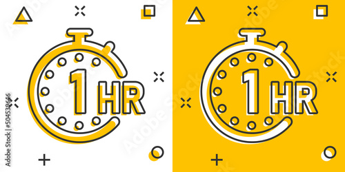 1 hour clock icon in comic style. Timer countdown cartoon vector illustration on isolated background. Time measure splash effect sign business concept.