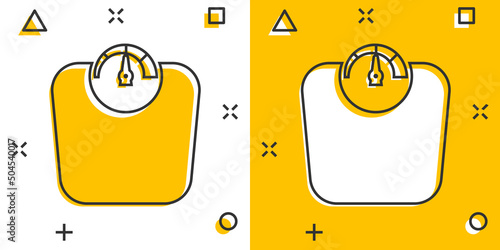 Bathroom weight scale icon in comic style. Mass measurement cartoon vector illustration on isolated background. Overweight splash effect sign business concept.