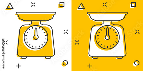 Bathroom weight scale icon in comic style. Mass measurement cartoon vector illustration on isolated background. Overweight splash effect sign business concept.