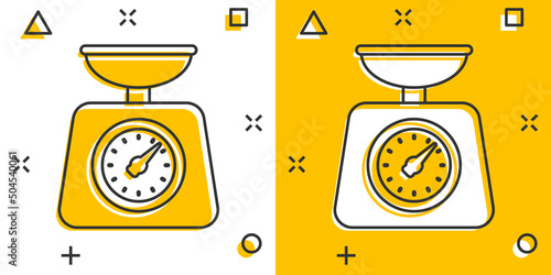 Bathroom weight scale icon in comic style. Mass measurement cartoon vector illustration on isolated background. Overweight splash effect sign business concept.