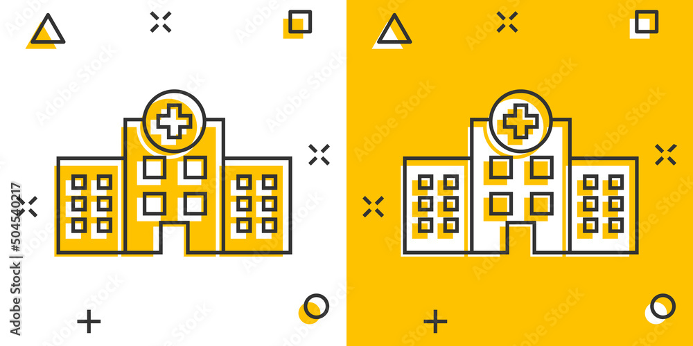 Hospital building icon in comic style. Medical clinic cartoon vector illustration on isolated background. Medicine splash effect sign business concept. Hospital building icon in comic style. Medical clinic cartoon vector illustration on isolated background. Medicine splash effect sign business concept.