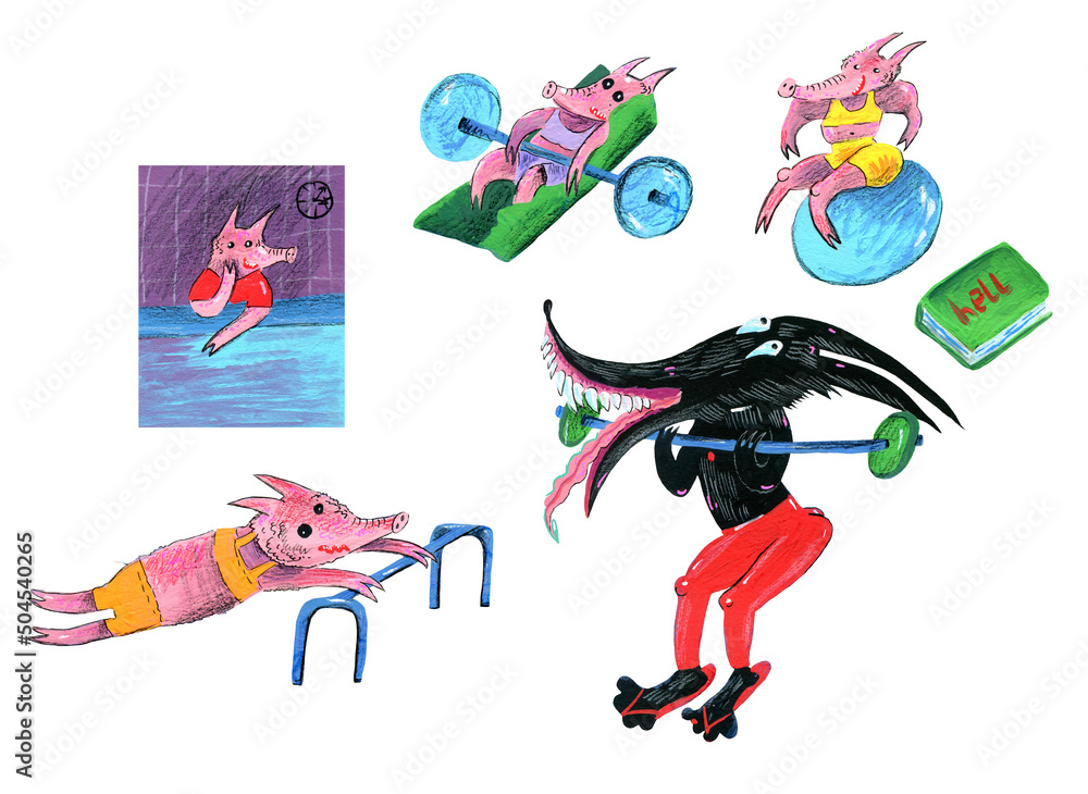 Naklejka premium Hand-drawn fitness animals. Cartoon fitness illustration. Three little pigs and a wolf. Sports humor. Gym comic. Gouache art. Сute animals. Gym training. Funny art. Pink piglets. Funny wolf