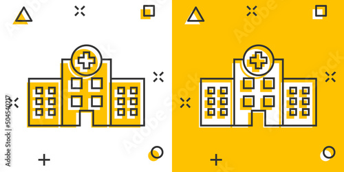 Hospital building icon in comic style. Medical clinic cartoon vector illustration on isolated background. Medicine splash effect sign business concept.