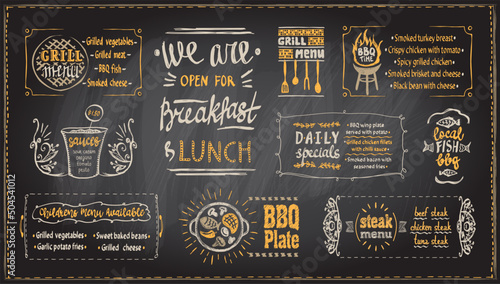 Barbecue menu chalkboard template, menu board with BBQ symbols and dishes lettering, chalk grill menu photo