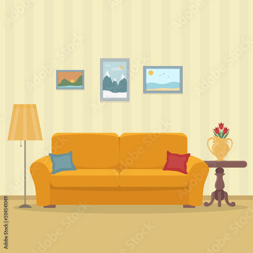 Living room interior with sofa and elements of interior design. Lamp, pictures on the wall, pillow, vaze with flowers, wooden table. Vector illustration in flat style	 photo