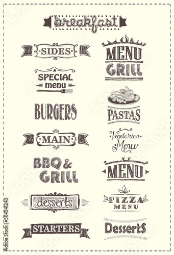 Assorted menu headlines set with signs and graphic sketch style elements