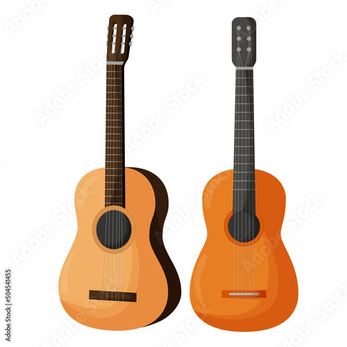 Classical wooden guitar. String musical instruments. Flat vector illustration