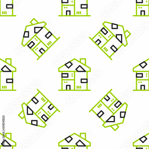 Line Homeless cardboard house icon isolated seamless pattern on white background. Vector