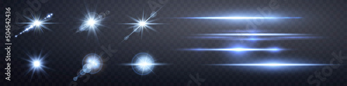 Blue lens flares set. Isolated on transparent background. Sun flash with rays or gold spotlight. Blue glow flare light effect. Vector illustration