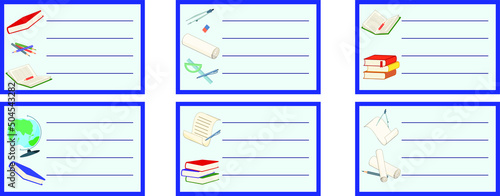Notbook Name Sticker with image of the globe, books, pens, eraser, papers, rulers, pencils and comapasses.