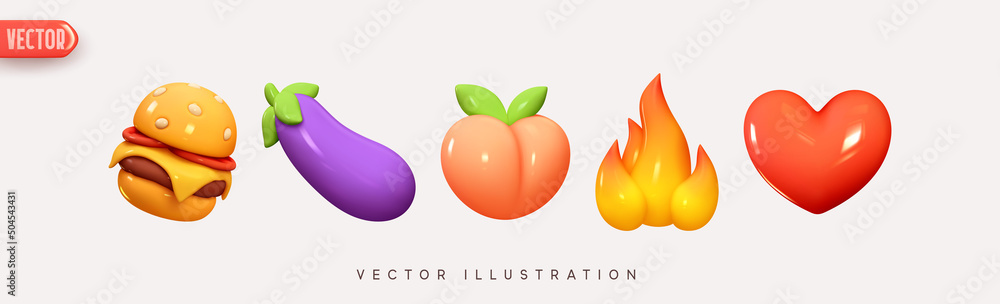 Fototapeta Set Icon Emoji, food burger, lilac eggplant, pink peach, yellow fire. Red heart. Realistic Glossy 3d Emotions. Pack 4. Vector illustration