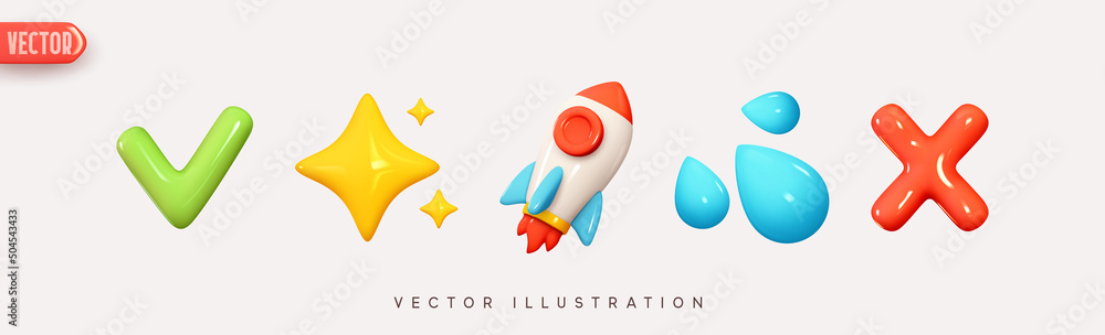 Set Icon Emoji, green tick, yellow stars, space rocket, blue water drops, red cross and x. Realistic Glossy 3d Emotions. Pack 5. Vector illustration - obrazy, fototapety, plakaty 