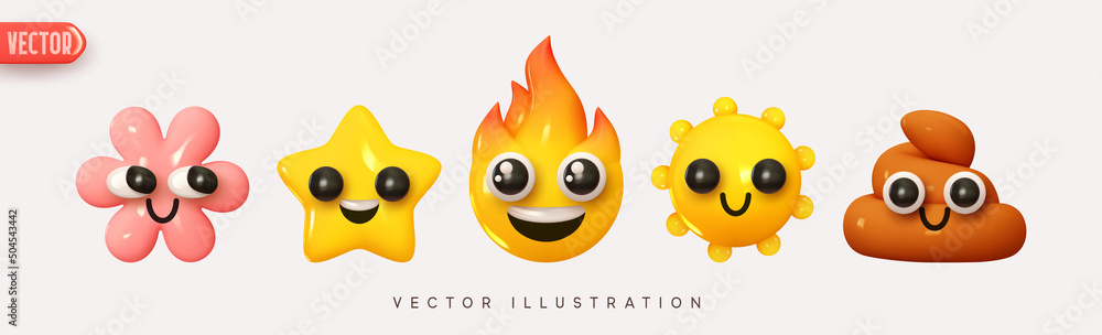 Fototapeta Set Icon Smile Emoji. Realistic Yellow Glossy 3d Emotions face Joyful poop, smile sun, lucky flower, fire, star. Pack 3. Vector illustration