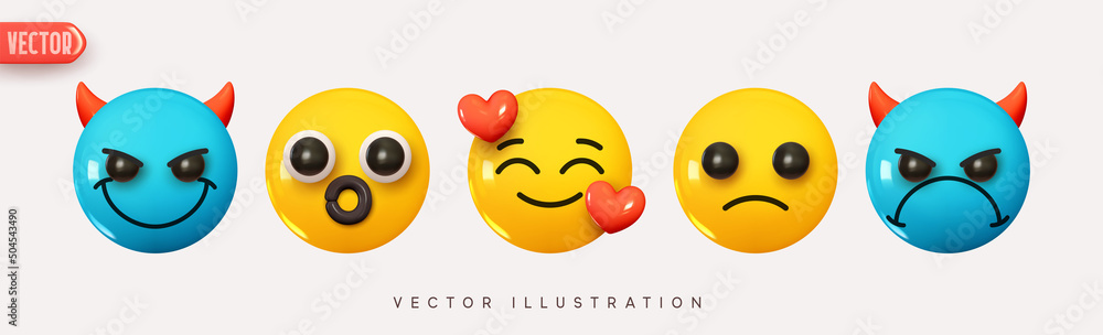 Set Icon Smile Emoji. Realistic Yellow Glossy 3d Emotions face Happy in love, evil and joyful devil, surprise. Pack 7. Vector illustration - obrazy, fototapety, plakaty 