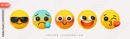 Set Icon Smile Emoji. Realistic Yellow Glossy 3d Emotions face cool with glasses, embarrassed, in love air kiss heart, crying with a tear. Pack 2. Vector illustration