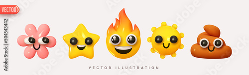 Fototapeta Set Icon Smile Emoji. Realistic Yellow Glossy 3d Emotions face Joyful poop, smile sun, lucky flower, fire, star. Pack 3. Vector illustration