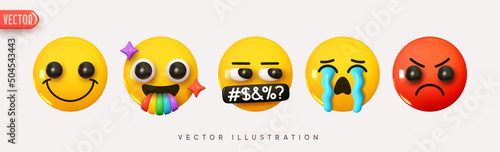 Set Icon Smile Emoji. Realistic Yellow Glossy 3d Emotions face Happy and red angry, crying with tears, smile with tongue rainbow, over mouth symbol. Pack 1. Vector illustration