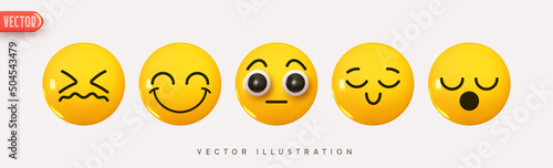 Set Icon Smile Emoji. Realistic Yellow Glossy 3d Emotions face Happy, joy of surprise, humble. Isolated collection. Pack 6. Vector illustration