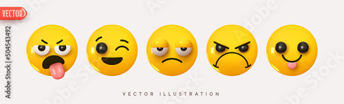 Set Icon Smile Emoji. Realistic Yellow Glossy 3d Emotions face happy tongue out, satisfied, dissatisfied, angry, winks. Pack 9. Vector illustration