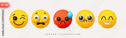 Set Icon Smile Emoji. Realistic Yellow Glossy 3d Emotions face happy smile pleased, bewildered fear, winks, smile, sadness sadness, hysteria. Pack 23. Vector illustration